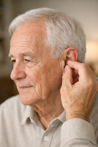 Hombre mayor ajustando un audífono en su oído.